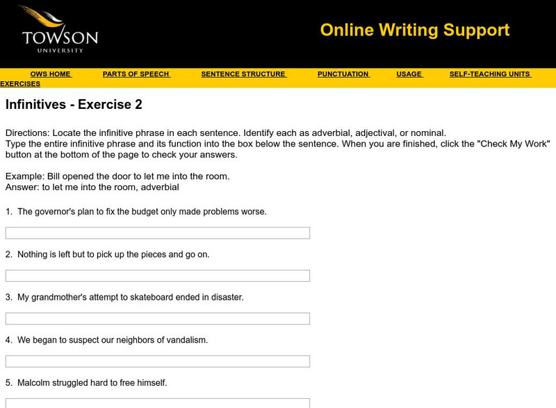 Towson University: Ows: Infinitives Exercise 2 Unknown Type Towson University: Ows: Infinitives Exercise 2 Unknown Type