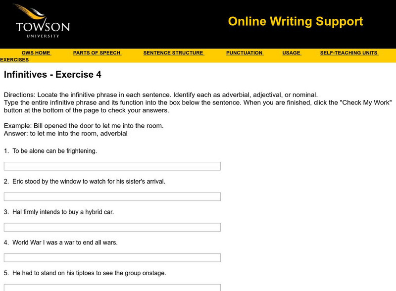 Towson University: Ows: Infinitives Exercise 4 Unknown Type Towson University: Ows: Infinitives Exercise 4 Unknown Type