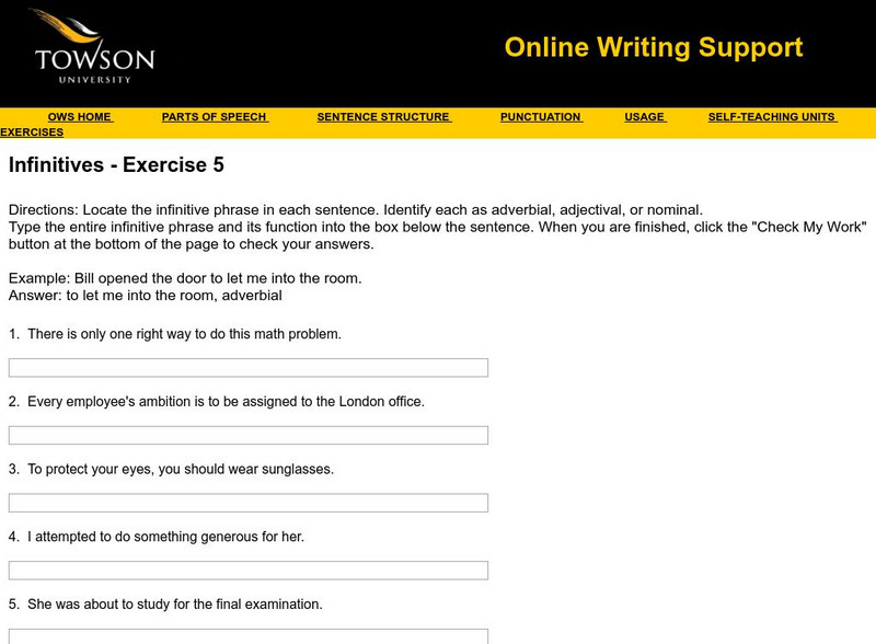 Towson University: Ows: Infinitives Exercise 5 Unknown Type Towson University: Ows: Infinitives Exercise 5 Unknown Type
