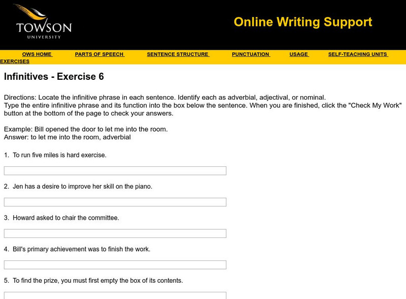 Towson University: Ows: Infinitives Exercise 6 Unknown Type Towson University: Ows: Infinitives Exercise 6 Unknown Type