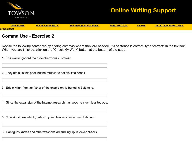 Towson University: Comma Use Exercise 2 Unknown Type