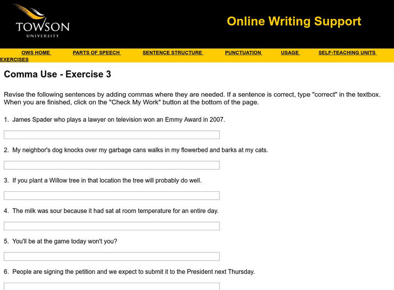 Towson University: Ows: Comma Use Exercise 3 Unknown Type