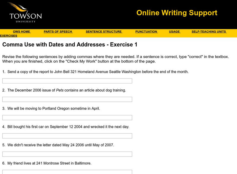 Towson University: Ows: Comma Use With Dates and Addresses Exercise 1 Unknown Type Towson University: Ows: Comma Use With Dates and Addresses Exercise 1 Unknown Type