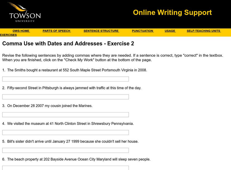 Towson University: Comma Use With Dates and Addresses Exercise 2 Unknown Type Towson University: Comma Use With Dates and Addresses Exercise 2 Unknown Type