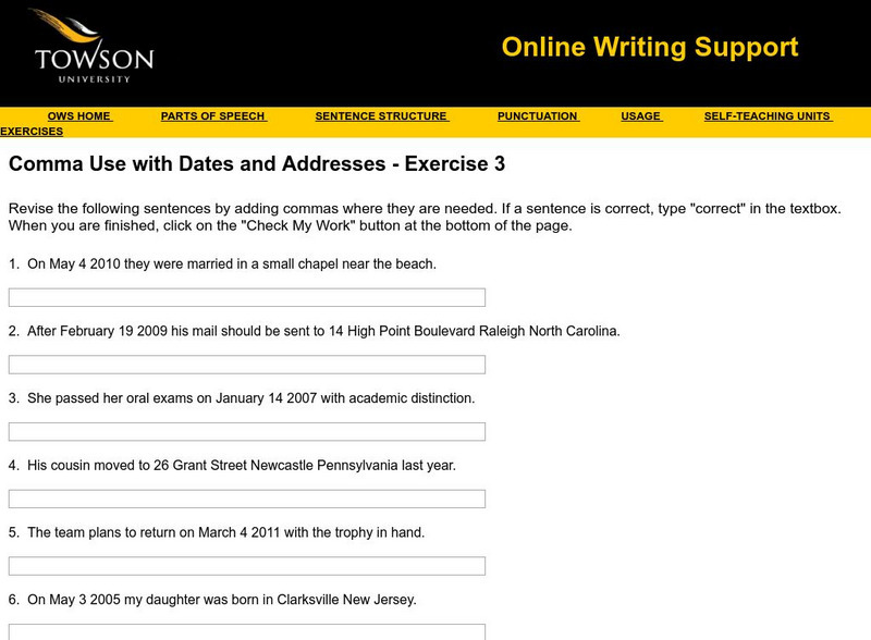 Towson University: Comma Use With Dates and Addresses Exercise 3 Unknown Type Towson University: Comma Use With Dates and Addresses Exercise 3 Unknown Type