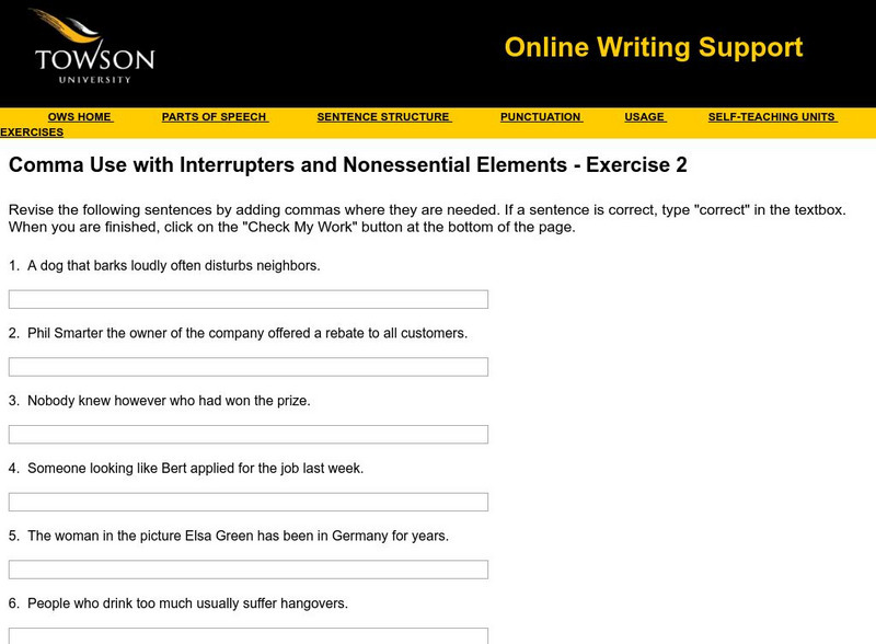Towson University: Comma Use: Interrupters and Nonessential Elements Exercise 2 Unknown Type Towson University: Comma Use: Interrupters and Nonessential Elements Exercise 2 Unknown Type
