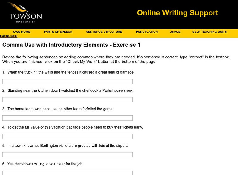 Towson University: Comma Use With Introductory Elements Exercise 1 Unknown Type Towson University: Comma Use With Introductory Elements Exercise 1 Unknown Type