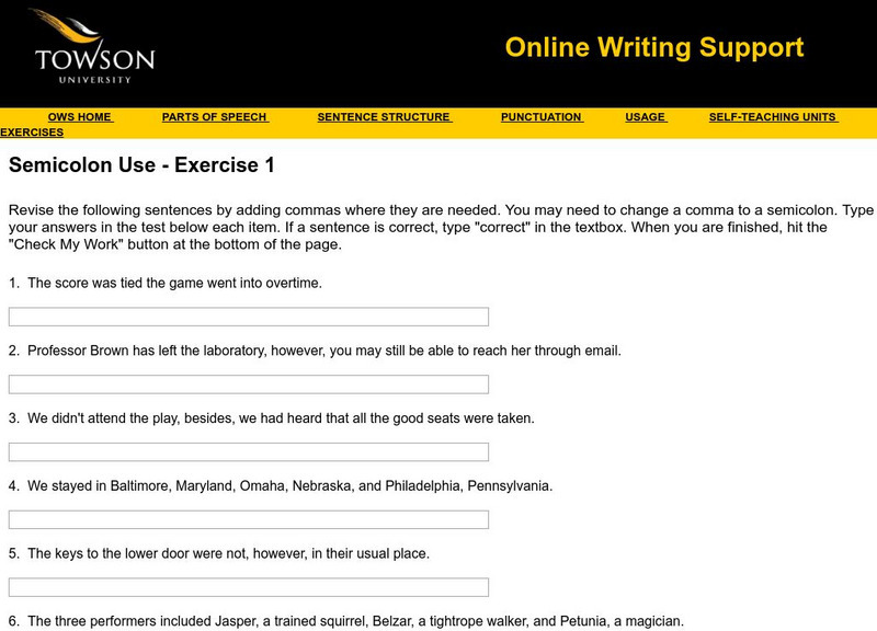 Towson University: Ows: Semicolon Use Exercise 1 Unknown Type Towson University: Ows: Semicolon Use Exercise 1 Unknown Type