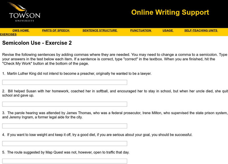 Towson University: Ows: Semicolon Use Exercise 2 Unknown Type Towson University: Ows: Semicolon Use Exercise 2 Unknown Type