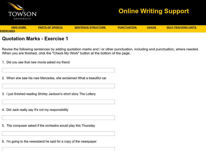 Towson University: Ows: Quotation Marks Exercise 1 Unknown Type Towson University: Ows: Quotation Marks Exercise 1 Unknown Type