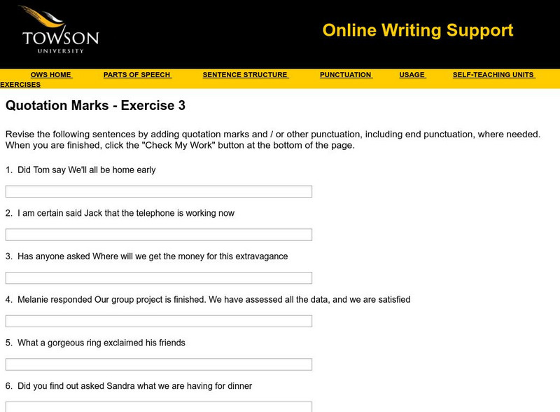 Towson University: Ows: Quotation Marks Exercise 3 Unknown Type Towson University: Ows: Quotation Marks Exercise 3 Unknown Type