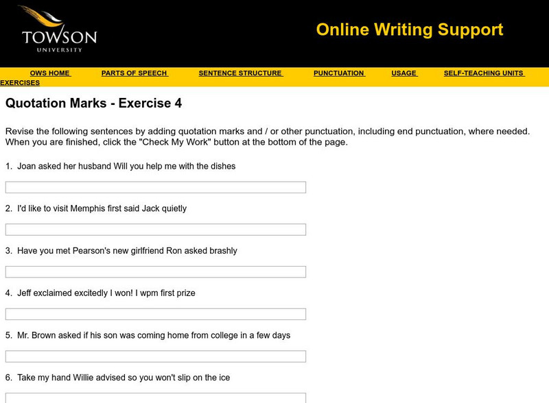 Towson University: Ows: Quotation Marks Exercise 4 Unknown Type Towson University: Ows: Quotation Marks Exercise 4 Unknown Type