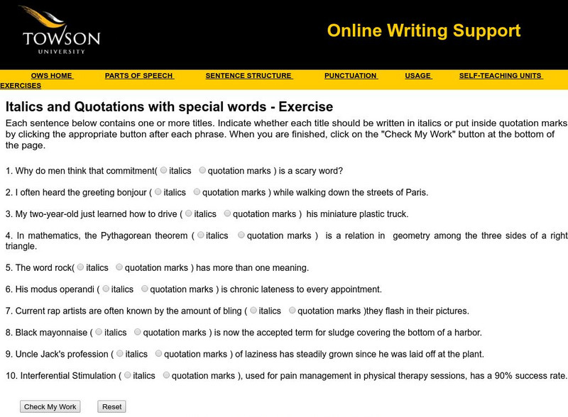 Towson University: Ows: Italics and Quotations With Special Words Exercise Unknown Type Towson University: Ows: Italics and Quotations With Special Words Exercise Unknown Type