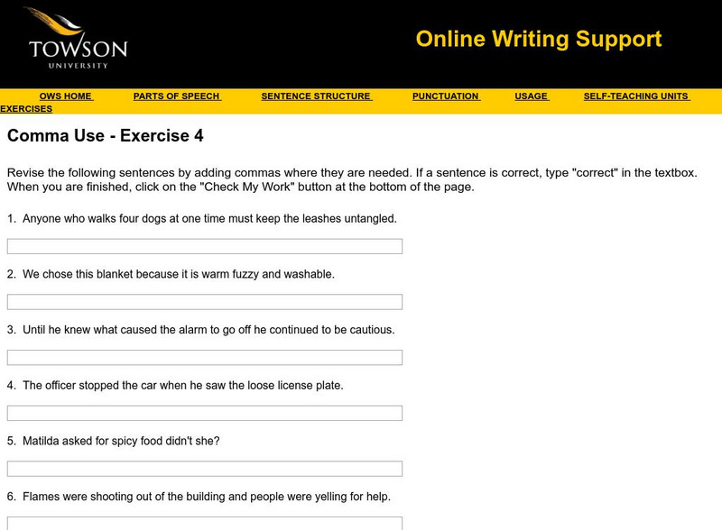 Towson University: Ows: Comma Use Exercise 4 Unknown Type
