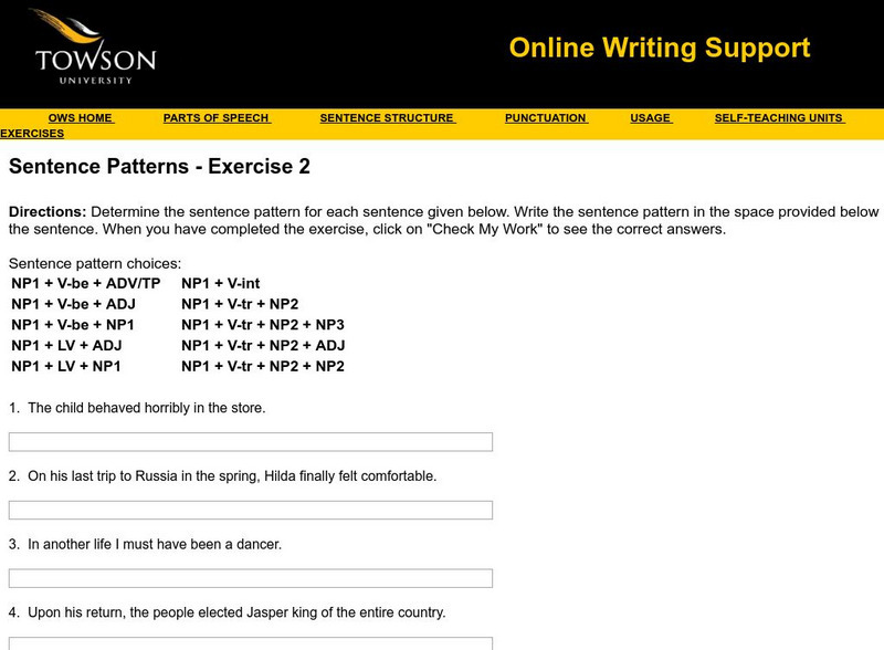 Towson University: Ows: Sentence Patterns Exercise 2 Unknown Type Towson University: Ows: Sentence Patterns Exercise 2 Unknown Type