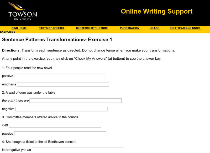 Towson University: Ows: Sentence Patterns Transformations Exercise 1 Unknown Type