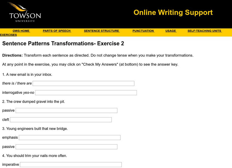 Towson University: Ows: Sentence Patterns Transformations Exercise 2 Unknown Type