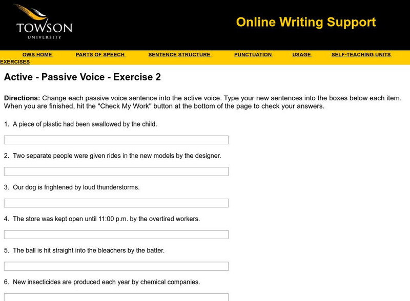 Towson University: Ows: Active Passive Voice Exercise 2 Unknown Type Towson University: Ows: Active Passive Voice Exercise 2 Unknown Type