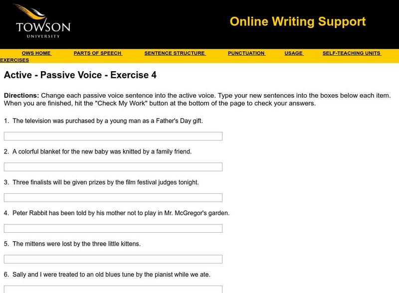 Towson University: Ows: Active Passive Voice Exercise 4 Unknown Type Towson University: Ows: Active Passive Voice Exercise 4 Unknown Type