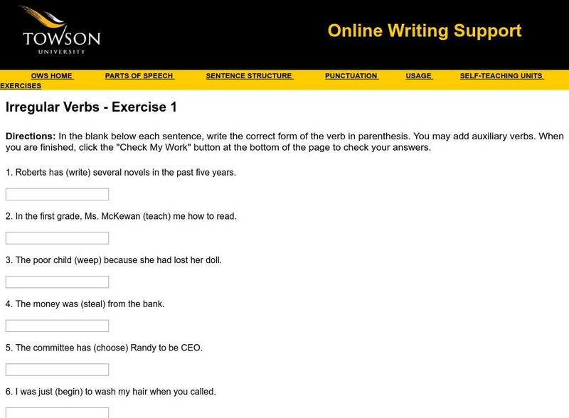 Towson University: Ows: Irregular Verbs Exercise 1 Unknown Type Towson University: Ows: Irregular Verbs Exercise 1 Unknown Type