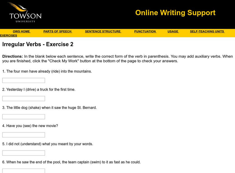 Towson University: Ows: Irregular Verbs Exercise 2 Unknown Type Towson University: Ows: Irregular Verbs Exercise 2 Unknown Type