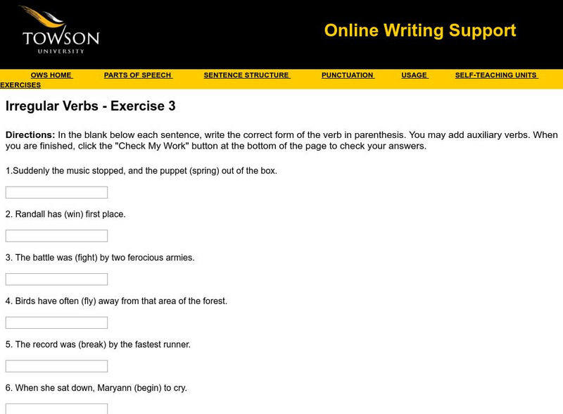 Towson University: Ows: Irregular Verbs Exercise 3 Unknown Type Towson University: Ows: Irregular Verbs Exercise 3 Unknown Type