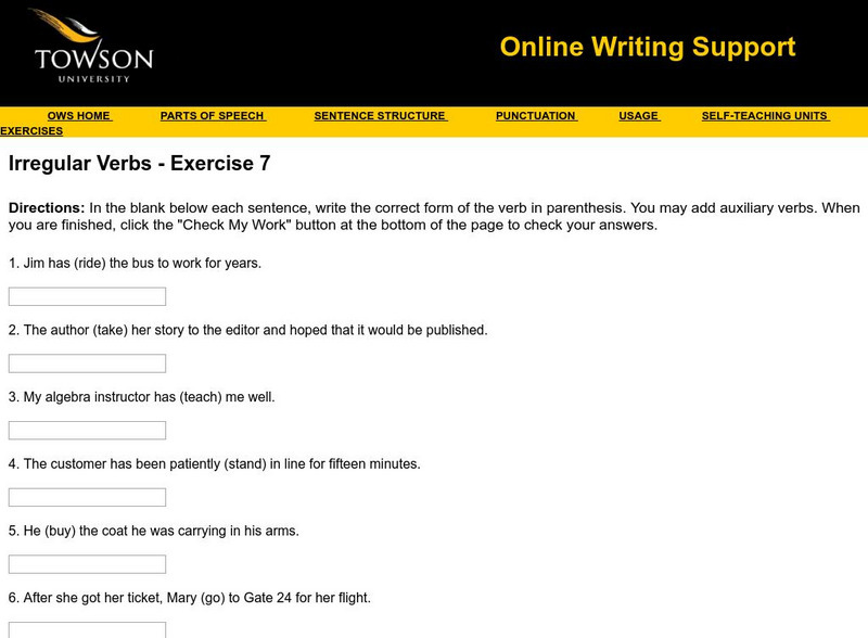 Towson University: Ows: Irregular Verbs Exercise 7 Unknown Type Towson University: Ows: Irregular Verbs Exercise 7 Unknown Type