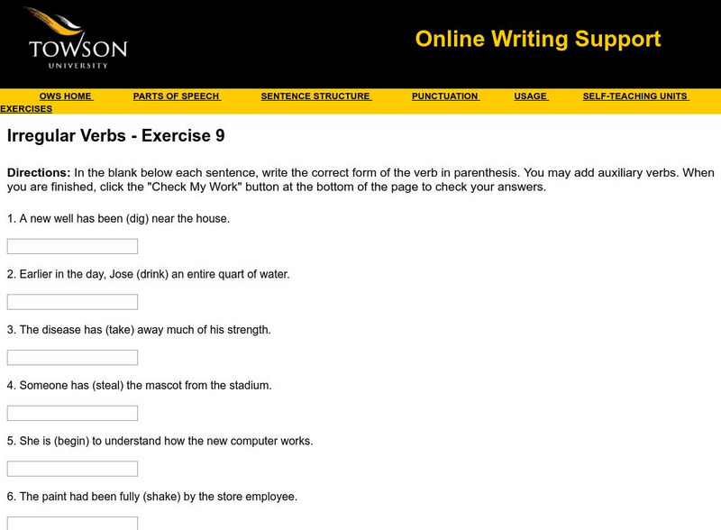 Towson University: Ows: Irregular Verbs Exercise 9 Unknown Type Towson University: Ows: Irregular Verbs Exercise 9 Unknown Type