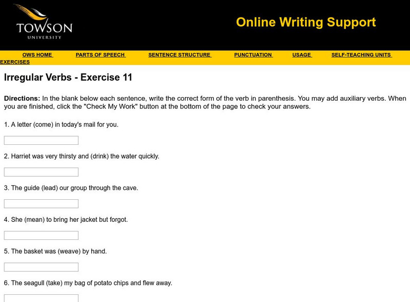 Towson University: Ows: Irregular Verbs Exercise 11 Unknown Type Towson University: Ows: Irregular Verbs Exercise 11 Unknown Type