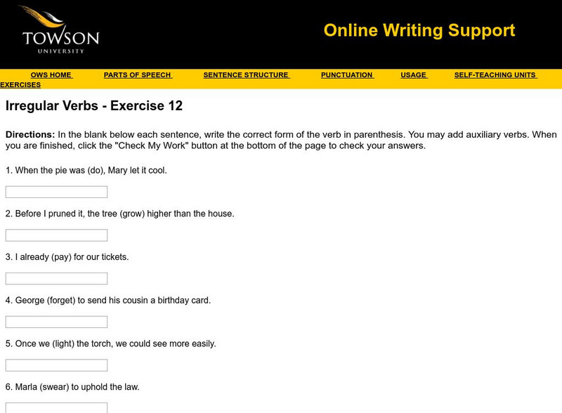 Towson University: Ows: Irregular Verbs Exercise 12 Unknown Type Towson University: Ows: Irregular Verbs Exercise 12 Unknown Type