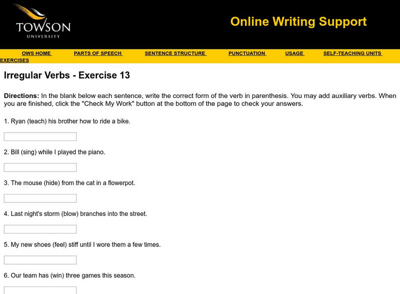 Towson University: Ows: Irregular Verbs Exercise 13 Unknown Type Towson University: Ows: Irregular Verbs Exercise 13 Unknown Type