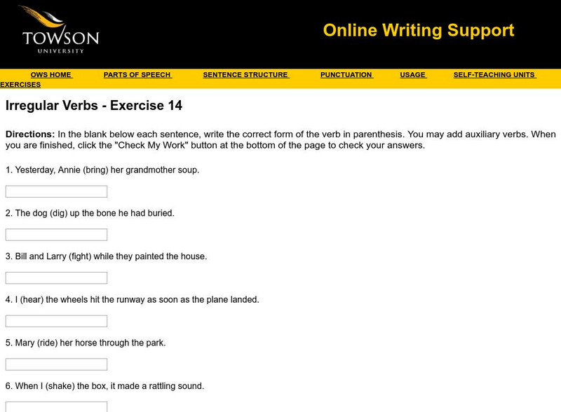 Towson University: Ows: Irregular Verbs Exercise 14 Unknown Type Towson University: Ows: Irregular Verbs Exercise 14 Unknown Type