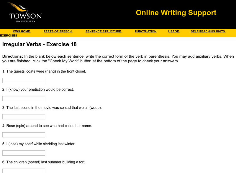Towson University: Ows: Irregular Verbs Exercise 18 Unknown Type Towson University: Ows: Irregular Verbs Exercise 18 Unknown Type