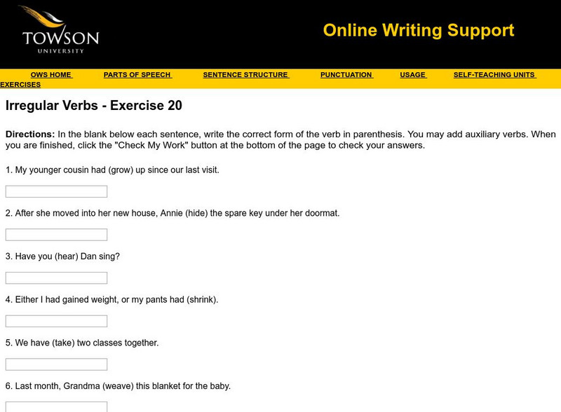 Towson University: Ows: Irregular Verbs Exercise 20 Unknown Type Towson University: Ows: Irregular Verbs Exercise 20 Unknown Type