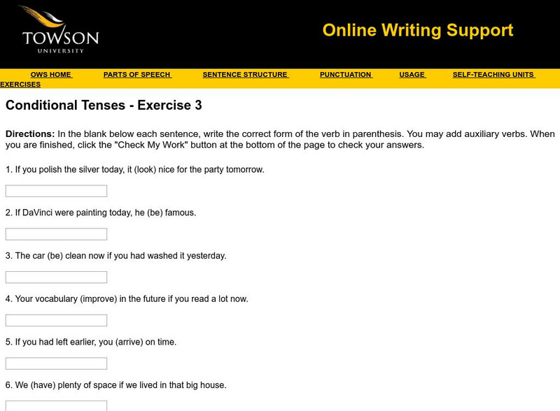 Towson University: Ows: Conditional Tenses Exercise 3 Unknown Type Towson University: Ows: Conditional Tenses Exercise 3 Unknown Type