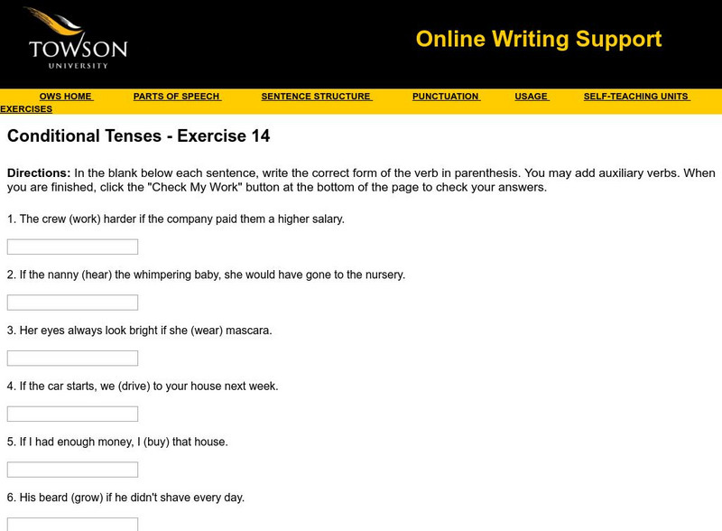 Towson University: Ows: Conditional Tenses Exercise 14 Unknown Type Towson University: Ows: Conditional Tenses Exercise 14 Unknown Type