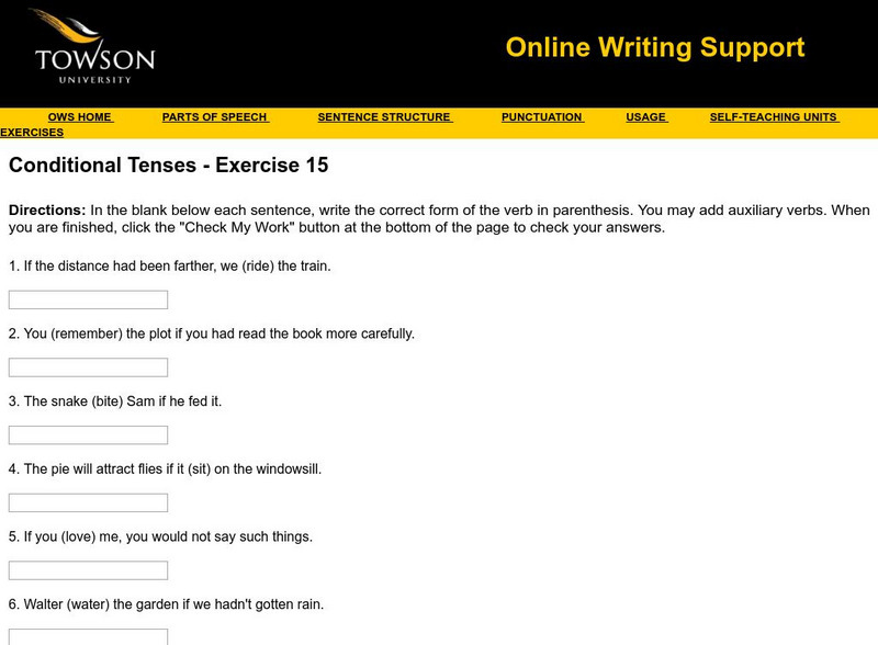 Towson University: Ows: Conditional Tenses Exercise 15 Unknown Type Towson University: Ows: Conditional Tenses Exercise 15 Unknown Type