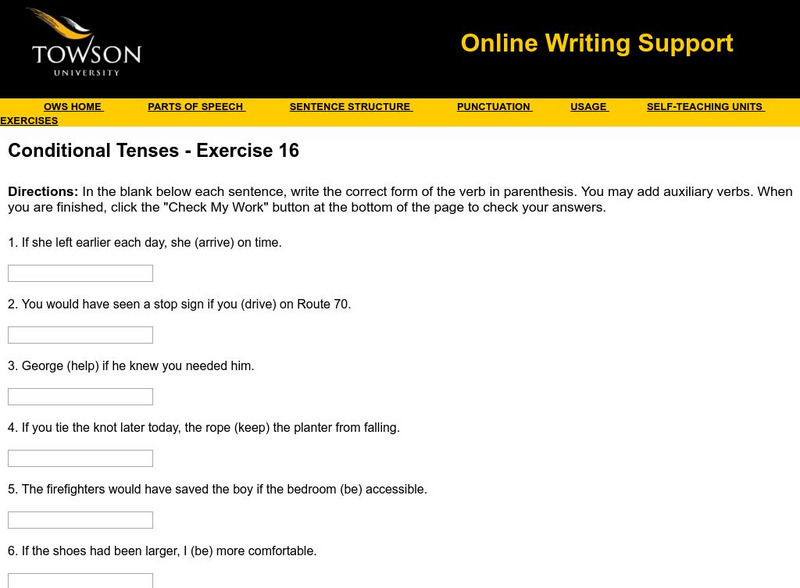 Towson University: Ows: Conditional Tenses Exercise 16 Unknown Type Towson University: Ows: Conditional Tenses Exercise 16 Unknown Type