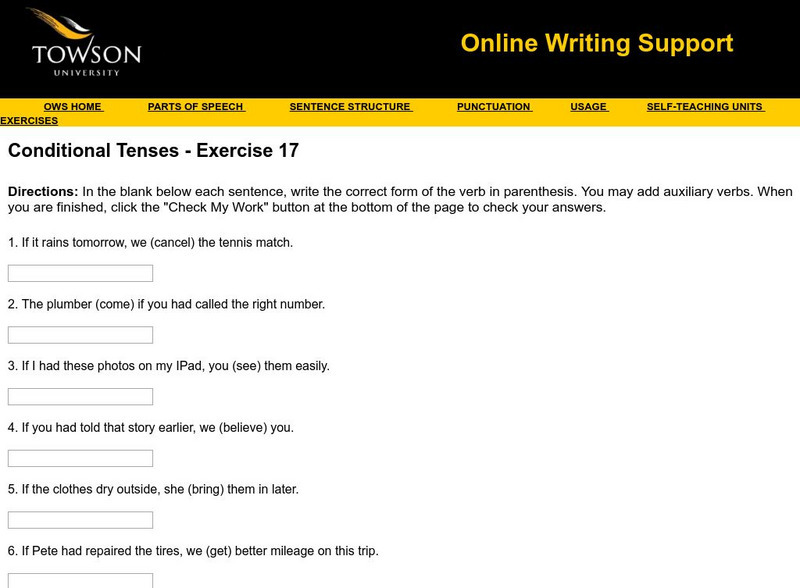 Towson University: Ows: Conditional Tenses Exercise 17 Unknown Type Towson University: Ows: Conditional Tenses Exercise 17 Unknown Type