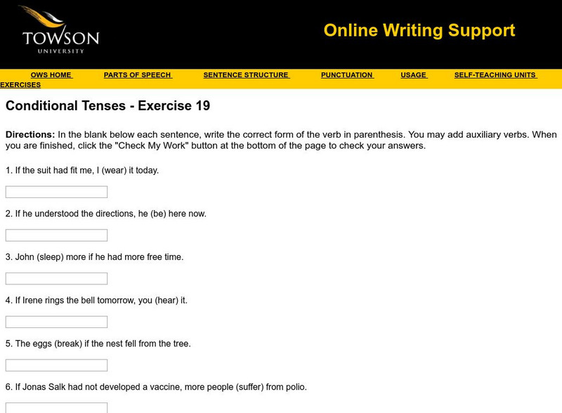 Towson University: Ows: Conditional Tenses Exercise 19 Unknown Type Towson University: Ows: Conditional Tenses Exercise 19 Unknown Type