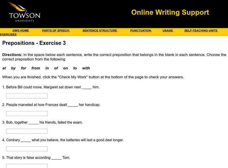 Towson University: Ows: Prepositions Exercise 3 Unknown Type Towson University: Ows: Prepositions Exercise 3 Unknown Type