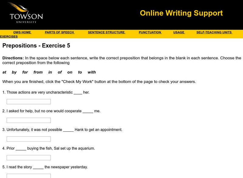 Towson University: Ows: Prepositions Exercise 5 Unknown Type Towson University: Ows: Prepositions Exercise 5 Unknown Type