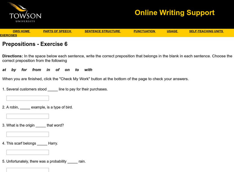 Towson University: Ows: Prepositions Exercise 6 Unknown Type Towson University: Ows: Prepositions Exercise 6 Unknown Type