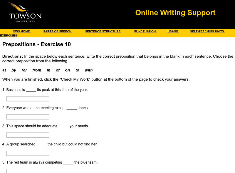 Towson University: Ows: Prepositions Exercise 10 Unknown Type Towson University: Ows: Prepositions Exercise 10 Unknown Type