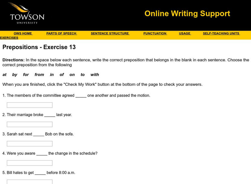 Towson University: Ows: Prepositions Exercise 13 Unknown Type Towson University: Ows: Prepositions Exercise 13 Unknown Type