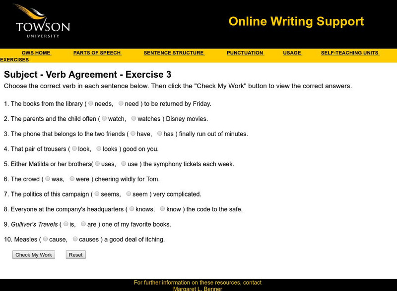 Towson University: Ows: Subject Verb Agreement Exercise 3 Unknown Type Towson University: Ows: Subject Verb Agreement Exercise 3 Unknown Type