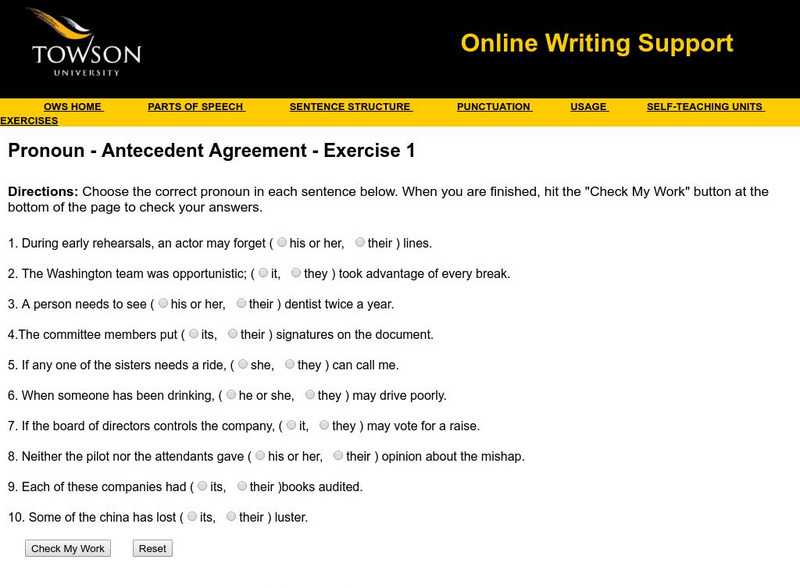 Towson University: Ows: Pronoun Antecedent Agreement Exercise 1 Unknown Type