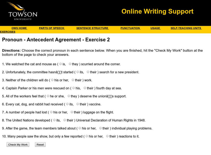 Towson University: Ows: Pronoun Antecedent Agreement Exercise 2 Unknown Type
