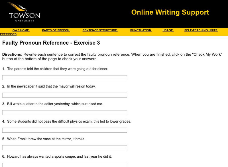 Towson University: Ows: Faulty Pronoun Reference Exercise 3 Unknown Type
