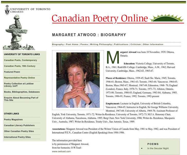 University of Toronto: Canadian Poetry Online: Margaret Atwood Website University of Toronto: Canadian Poetry Online: Margaret Atwood Website